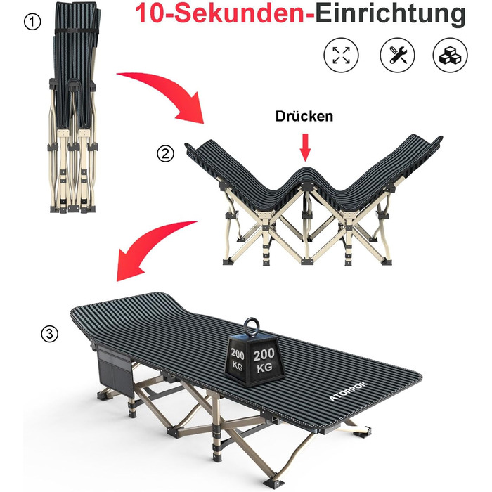 Розкладне ліжко для кемпінгу, розкладне гостьове ліжко до 200 кг, надзвичайно широке розкладне ліжко для використання на свіжому повітрі, в саду та в приміщенні
