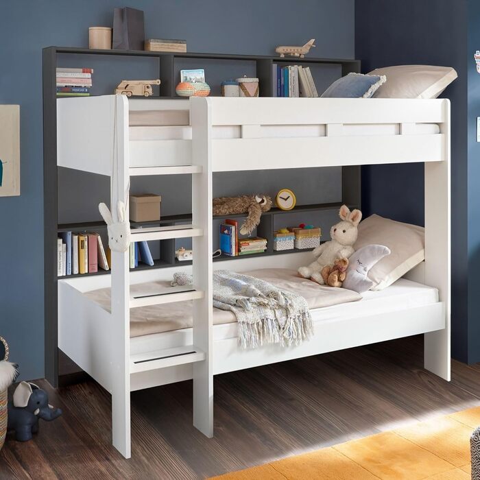 Сучасне ліжко-горище зі сходами та двома поверхнями для лежання 90 x 200 см - Компактне дитяче двоярусне ліжко білого/антрацитовог