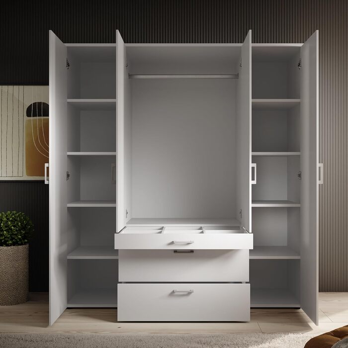 Шафа з дзеркальними дверима білого кольору - Універсальна 4-дверна шафа для вашої спальні - 180 x 195 x 56 см (Ш/В/Г) 4-дверна біла