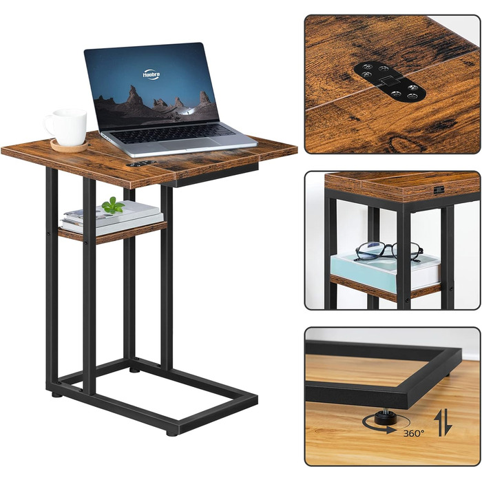 С-подібний бічний столик HOOBRO, розкладний диван-столик, журнальний столик, столик для перекусу з полицею для зберігання, вузька тумбочка для вітальні, спальні, металевий каркас, темно-коричневий EBF29SF01 темно-коричневий чорний