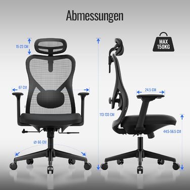 Офісне крісло року 2026, ергономічне робоче крісло з підголівником, 2D поперековою опорою та 4D підлокітниками, обертове крісло для здорового сидіння, для домашнього офісу та офісу, універсальні колеса, 150 кг Black Plus (універсальні колеса)