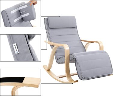 Крісло-гойдалка SONGMICS Birchwood, крісло-гойдалка, регульована підставка для ніг у 5 положеннях, бавовняний чохол, вантажопідйомність до 150 кг, вітальня, спальня, світло-сірий LYY41G, 67 x 125 x 91 см