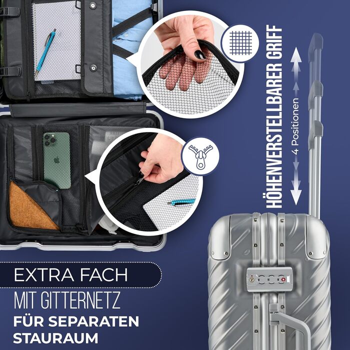 Ручна валіза 55x40x20 см з алюмінієвим каркасом Дорожня валіза на колесах - Надзвичайно стійка валіза на візках з кріпленням для ноутбука ВОДОНОТРИВНА з кутовими захисними накладками (Срібна, ручна поклажа 20 дюймів) Срібна ручна поклажа 20 дюймів