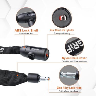 Велозамок, Високий рівень безпеки, Протиугінний ланцюговий замок для велосипеда, Гартовані сталеві ланки, 7 мм x 1200 мм, Чорний, Ключовий механізм