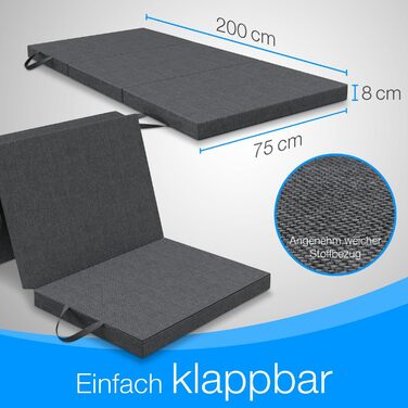 Розкладний матрац ELONEO 75x200 см, висота 8 см, розкладний гостьовий матрац, розкладний матрац, розкладний матрац, матрац з підтримкою спини, дорожній матрац, розкладне гостьове ліжко, розкладне ліжко, яке можна прати 75 x 200 x 8 см Антрацит