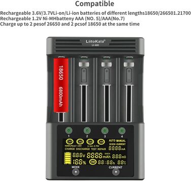 Зарядний пристрій для акумуляторів 18650 LiitoKala Lii-600 із сенсорним РК-дисплеєм, зарядний пристрій для акумуляторів типу АА з 4 відсіками, включаючи адаптер 12V5A для Li-Ion/Ni-MH/Ni-Cd 14500 21700 AA AAA тощо.