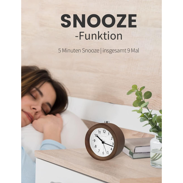 ВищеГодинник будильник аналоговий без цокання, будильник дерев'яний з дрімотою, тумбочка-годинник з нічником, ретро-будильник аналоговий на батарейках (потрібна батарея 1*AA - натуральне дерево світло-коричневого кольору (круглий, коричневий)