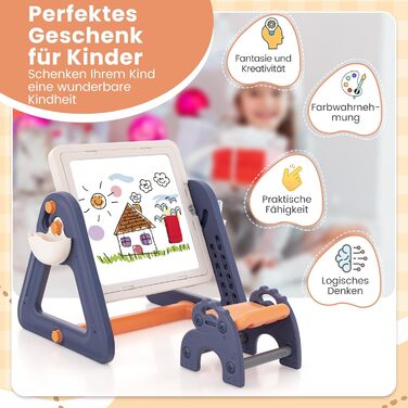 Дитячий столик GOPLUS зі стільцем, дитячий мольберт з двосторонньою стільницею та дошкою, 2 коробки для зберігання, 160 будівельних блоків, ігровий столик, робочий стіл для дітей від 3 років