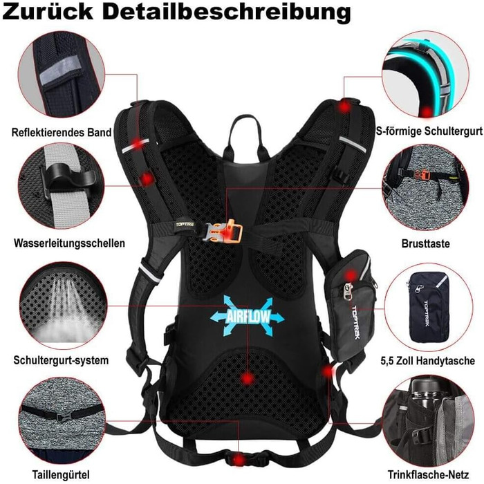 Велосипедний рюкзак Toptrek 18L Ultralight велосипедний рюкзак з дощовиком та чохлом для шолома Гідратаційний рюкзак Водонепроникний велосипедний рюкзак Спортивний рюкзак Гідратаційний рюкзак для чоловіків MTB чорний