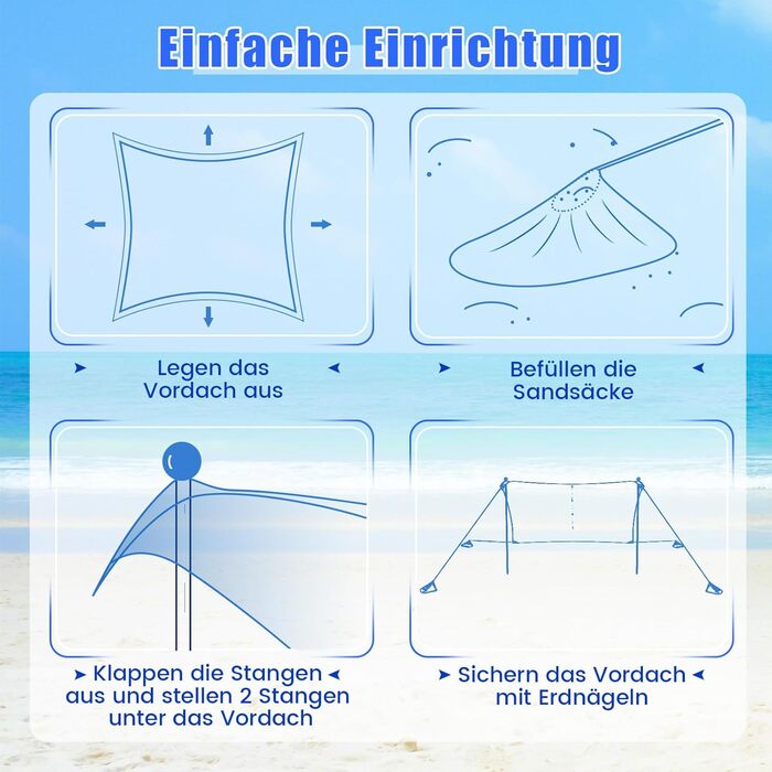 Пляжний намет COSTWAY 230 x 200 см, UPF 50, Сонячний намет з піщаними кріпленнями, мішками з піском та 2 опорними стійками, портативний сонцезахисний навіс, сонцезахисний тент для пляжу, риболовлі, пікніка (синій) 230 x 200 см синій