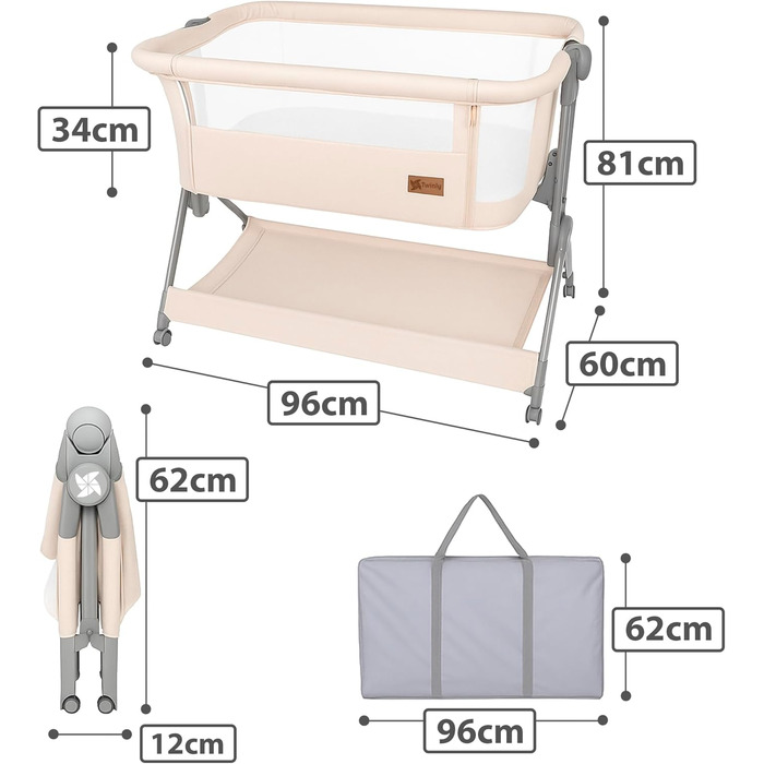 Приліжкове ліжечко Baby Comfortly з колесами Складане та регульоване по висоті (5 рівнів), дихаюче, підходить від 0 місяців до 9 кг, в комплекті матрац, простирадло та сумка не потрібно збирати (колір дерева)