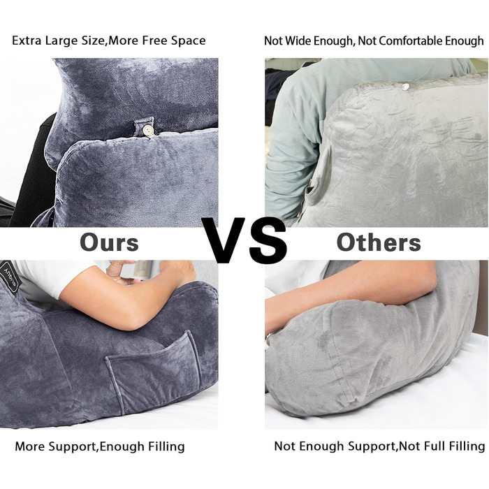 Подушка для читання для сидіння в ліжку або на дивані для дорослих, подушка для спини з кишенями, подушка для спини для дорослих, крісло-ліжко для відпочинку, читання, перегляду телевізора, ігор, темно-сірий