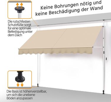 Тент Yaheetech із затискачем, шириною 300 см, для балкону, з ручним приводом, захистом від сонця без свердління, регульованою висотою та каркасом, бежевий, бежевий, 300 см