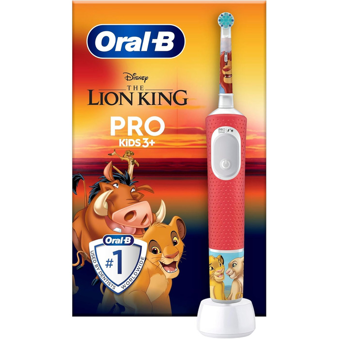 Електрична зубна щітка Oral-B Pro Kids Lion King для дітей від 3 років, включаючи режим Sensitive для догляду за зубами, надмяку щетину, 1 насадку для щітки, 4 наклейки