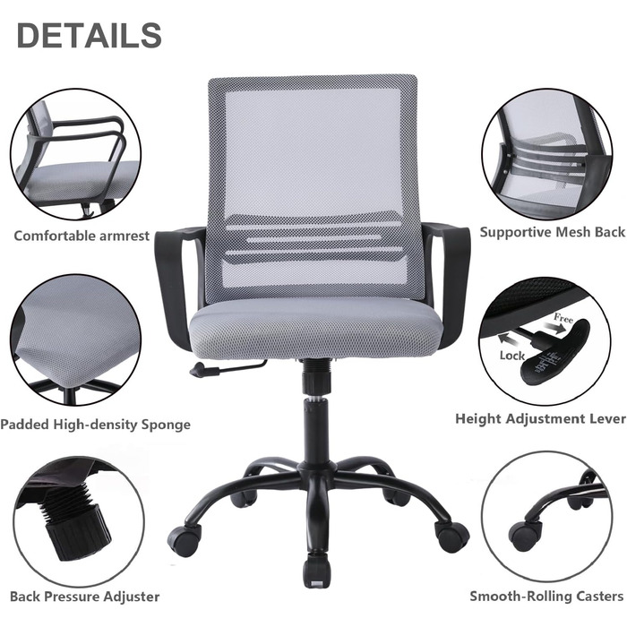 Регульоване офісне крісло mcc direct, ергономічне сітчасте поворотне крісло з м&39якою подушкою сидіння, комп&39ютерне крісло з регульованою висотою, поперековою опорою та поворотним шарніром, для дому, офісу, темно-сіра сітчаста тканина