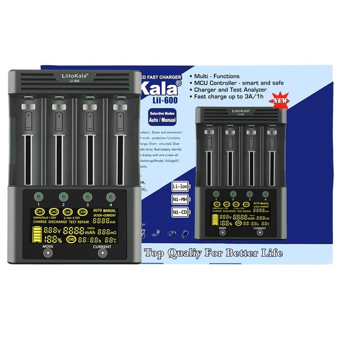 Зарядний пристрій для акумуляторів 18650 LiitoKala Lii-600 із сенсорним РК-дисплеєм, зарядний пристрій для акумуляторів типу АА з 4 відсіками, включаючи адаптер 12V5A для Li-Ion/Ni-MH/Ni-Cd 14500 21700 AA AAA тощо.