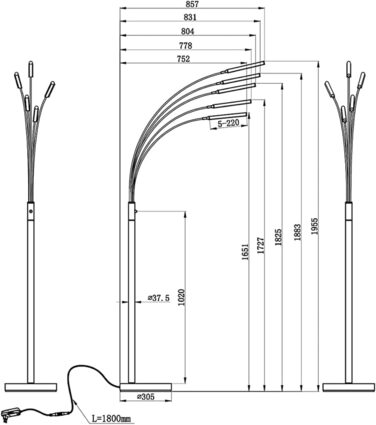 Стійка LED-світильник Reality Reed R41031507, матовий нікель, 5 шт. 3.5 Вт LED, диммерний вимикач, сріблястий