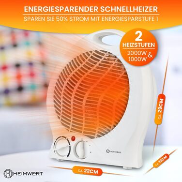 Енергозберігаючий вентилятор-обігрівач 2000 Вт - Швидкий нагрів з режимом енергозбереження та ручкою для перенесення - Електричний обігрівач з термостатом та 2 режимами нагріву Функція охолодження 2 в 1 22x29x13 см (білий)