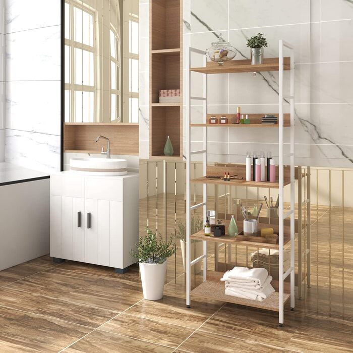 Книжкова полиця WOLTU, Відкрита окремостояча полиця з 5 полицями, Полиця для вітальні, спальні, кабінету, 60x160x27,5 см, Білий Світлий дуб, 5 полиць (60 x 27,5 x 160 см) Білий Світлий дуб