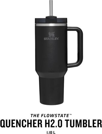 Пляшка для води Stanley Quencher H2.0 FlowState з соломинкою 1,2 л - термокружка охолоджує 11 годин - 48 годин Ice-Cold - Можна мити в посудомийній машині - термос Пляшка BPA Free - Кавова кружка на винос - чорний чорний тональ