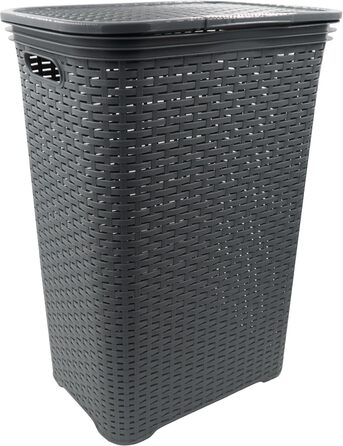 Кошик для білизни з кришкою з ротанга, пластиковий для зберігання білизни, сортувальник для білизни (65 л - квадратний, антрацит)