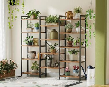 Книжкова полиця Coleshome з 14 полицями, металевий каркас, 5 ярусів, промисловий дизайн, стелаж-перегородка з місцем для зберігання, 24 x 125,6 x 145,4 см, окремостояча полиця для офісу, вітальні, спальні, кухні, коричнева, 5 ярусів