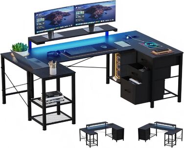 Кутовий ігровий стіл Devoko зі світлодіодним освітленням, місцем для зберігання та 3 шухлядами, 170x95x75 см, стіл з регульованою по висоті полицею, 2 розетками та 2 USB-портами, чорний