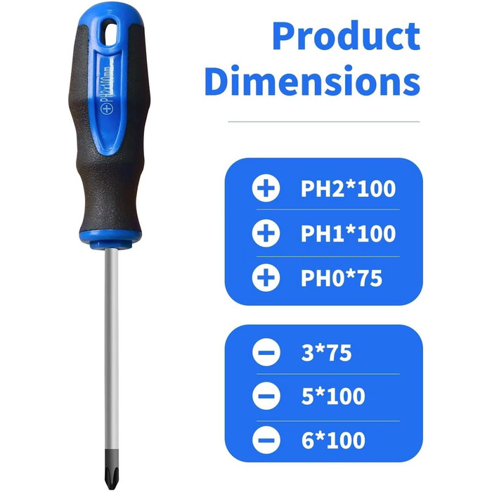 Набір викруток ROTATION 6 предметів з магнітними наконечниками 3 хрестові та 3 плоскі викрутки, професійна ручка-подушка 6-частинний набір ручного інструменту, синій