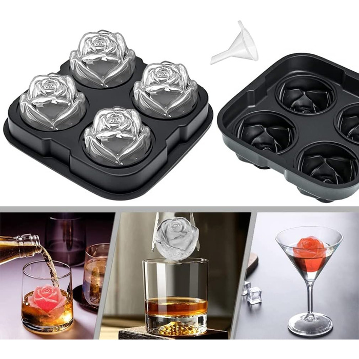 Форма для льоду FINIBO Ice Cube Rose, XXL 4-камерний кубик льоду в рожевому дизайні, легко знімна силіконова форма для льоду з кри