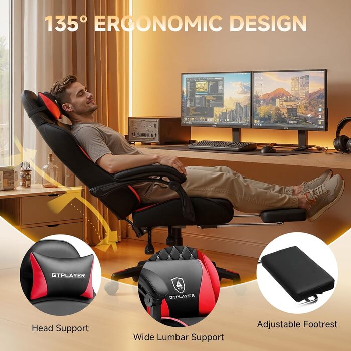 Ігрове крісло GTPLAYER, ергономічне офісне крісло з регульованою висотою, підходить для зими та літа, з подвійною спинкою, підставкою для ніг, знімним чохлом та поперековою опорою, червоне