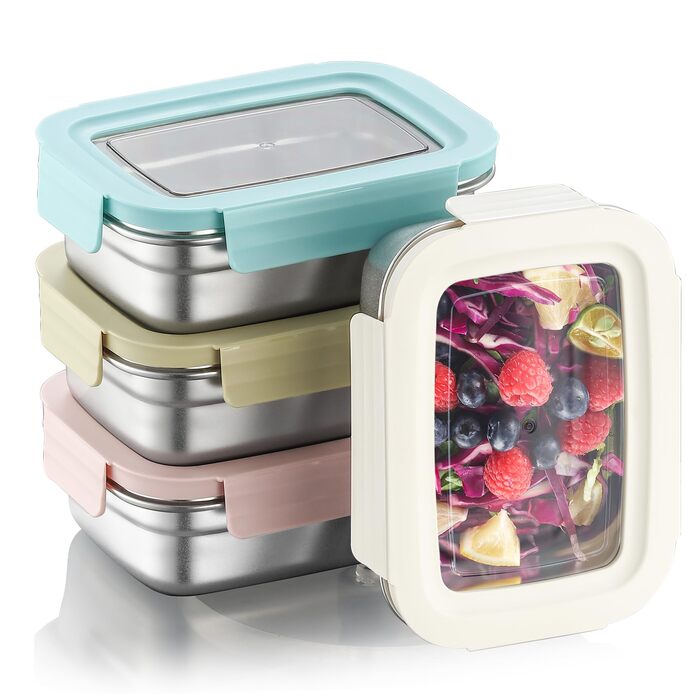 Контейнери для зберігання продуктів Misichao з нержавіючої сталі з кришками, штабелювані контейнери для їжі для кухні та комори, герметичні, багаторазові, металеві ланч-бокси Bento для дітей та дорослих, 650 мл, 4 білих жовтих рожевих зелених 650 мл 650 м
