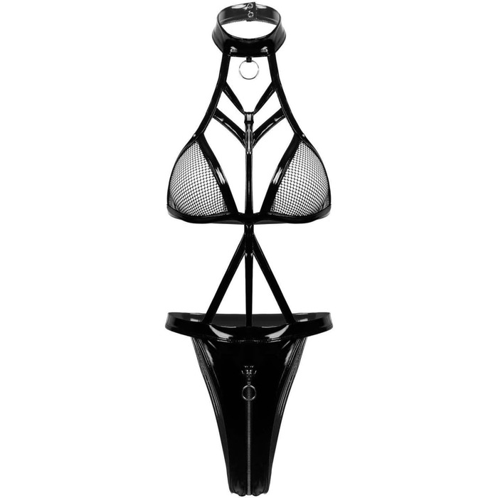 Сексуальний боді, з лакованої шкіри та сітки, чорний, розмір M