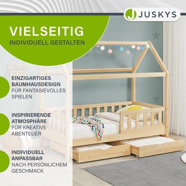 Дитяче ліжко Juskys Marli 90 x 200 см з 2-секційним ящиком для зберігання, захисними поручнями, рейковою основою та дахом - Ліжко-будиночок з масиву дерева для дітей - Ліжко з натурального дерева 90 x 200 см
