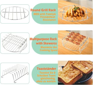 Аксесуари для фритюрниці MaxEarn 14 шт. , Набір аксесуарів для фритюрниці 8 дюймів з кухонним кошиком, формою для піци, тримачем для шампура, аксесуарами для фритюрниці Аерофритюрниці для ніндзя Philips Cosori Princess XL 5.5 л фритюрниці 14 предметів