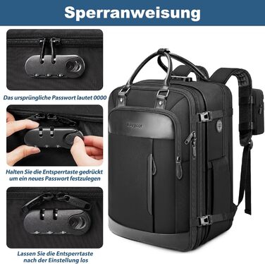 Ручна поклажа Taygeer EasyJet 45x36x20, Рюкзак-ручна поклажа-літак 45x36x20 з кодовим замком та відділенням для взуття, розширюваний дорожній рюкзак, сумісний з рюкзаком для ноутбука 15,6 дюймів, чорний