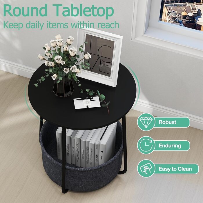 Круглий журнальний столик LIFEZEAL, сучасний столик для вітальні зі знімним кошиком для зберігання з тканини, тумбочка, маленький столик для вітальні, спальні, офісу (чорний темно-сірий)