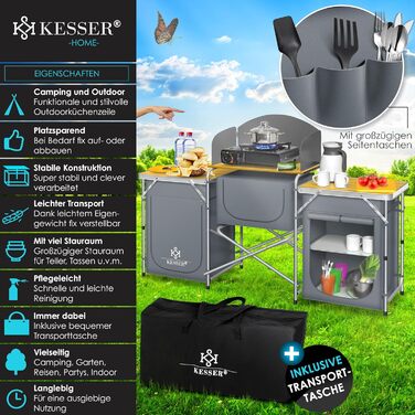 Кухня для кемпінгу KESSER У комплекті сумка для перенесення та комплект чашок Кемпінгова шафа, складна шафа з алюмінієвою рамою Дорожна кухня Кухонний ящик Шафа для намету Кухня для кемпінгу на свіжому повітрі Сірий Тип Великий Тип Великий Сірий
