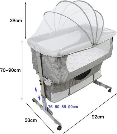 Дитяче ліжечко SUPFINE 3-в-1, регульована висота, портативне дитяче ліжечко Cododo для новонароджених/немовлят, колиска Cododo з матрацом, москітною сіткою та сумкою для зберігання (92 x 58 x 70-90 см, темно-сірий) A1 92x58x70-90 см темно-сірий