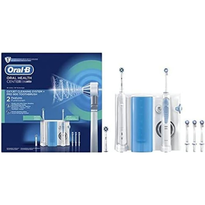 Набір систем очищення Oral-B Pro 900 Oxyjet, електрична зубна щітка, акумуляторна з іригатором для порожнини рота, 1 система очищення Oxyjet, 1 електрична зубна щітка, 4 змінні насадки Oxyjet, 2 щітки