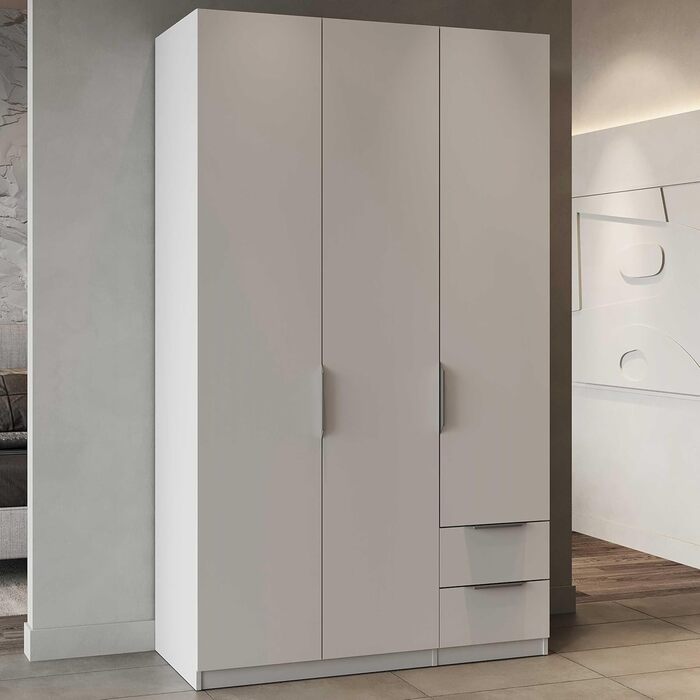 Сучасна шафа з рейкою для вішалок, 3 двері, 2 шухляди, 4 полиці матово-білий 119,4 x 51,1 x 203 см