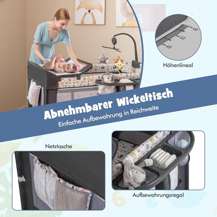 Дитяче ліжечко COSTWAY 5-в-1, дорожнє ліжечко з матрацом, регульована по висоті тумбочка з пеленальний столик, ремені безпеки, музичний мобіль та підвісні іграшки, колиска/колиска з колесами для малюків, сірий колір