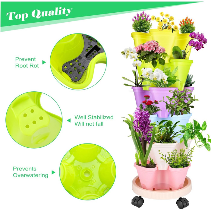 Вежа для рослин WADEO з горщиками, що штабелюються, вертикальний сад з 6 ярусами, горщик для полуниці, трав, квітів та овочів, що штабелюється, економія місця до 12 рослин (різнокольоровий)