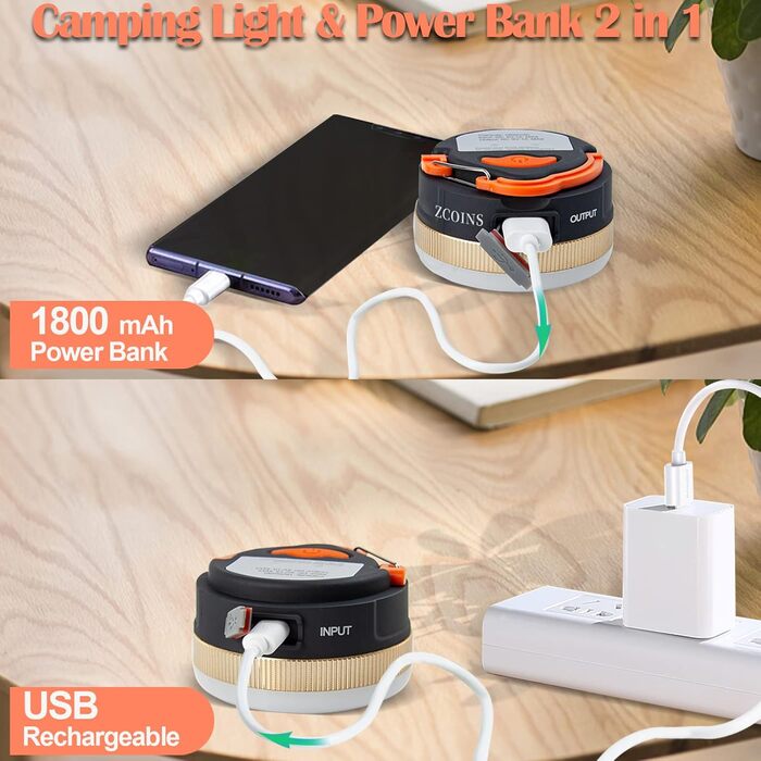 Кемпінгові ліхтарі, світлодіодний ліхтар для намету, що перезаряджається через USB, з магнітною основою, 4 режими з гачком, водонепроникний, портативний для походів та риболовлі, 2