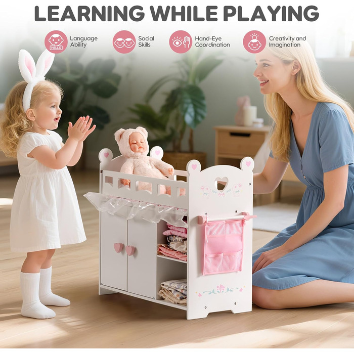 Ліжечко для ляльок ROBOTIME - Дерев&39яний пеленальний столик для ляльок з місцем для зберігання - Постільна білизна та гачки, підходить для ляльок 45,7-53,3 см, Ігровий набір для ляльок-ліжечок для дівчаток віком від 3 років