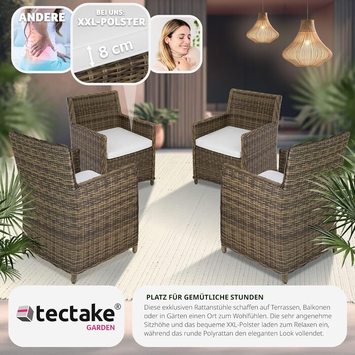 Плетене крісло tectake Poly Rattan, набір з 4 шт. , садові стільці, балконні меблі атмосферостійкі, з можливістю завантаження до 120 кг, 60,5 x 60,5 x 85 см, Вуличне крісло для саду, балконної тераси - коричневий