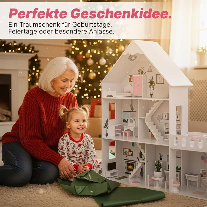 Дерев&39яний ляльковий будиночок Барбі, великий 118 см Kinderplay 3-поверховий ляльковий будиночок для дітей з меблями, світлодіодними лампами, наклейками та аксесуарами сучасний дерев&39яний ігровий будиночок, подарунок для дітей віком від 3 років, білий