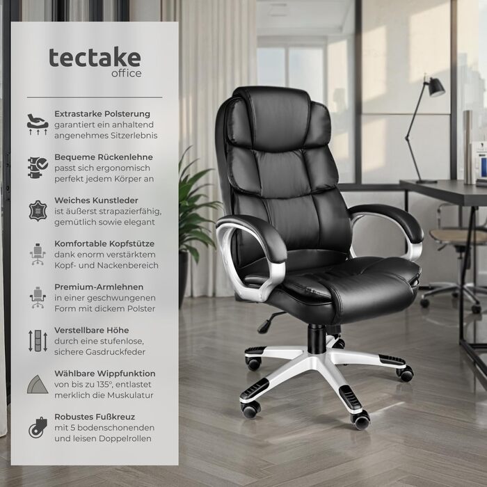 Крісло керівника tectake, офісне крісло з підкладкою 12 см, робоче крісло з підлокітниками та функцією гойдання, ергономічне офісне крісло, регульоване по висоті, ПК-крісло, обертове крісло з колесами, під шкіру - чорне