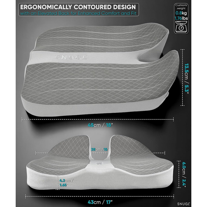 Подушка автокрісла SNUGL - ергономічна подушка з куприком для полегшення болю при радикуліті, ідеально підходить для автокрісла, офісного крісла, ігор тощо - гіпоалергенна, міцна, подвійні ремені - сіра сітка