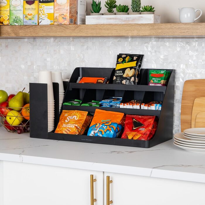 Настільний органайзер для кавових чашок та снеків Mind Reader з 14 відділеннями, 3 рівнями, 6,3 м Д x 3,1 м Ш x 3,1 м В, пластик, чорний колір