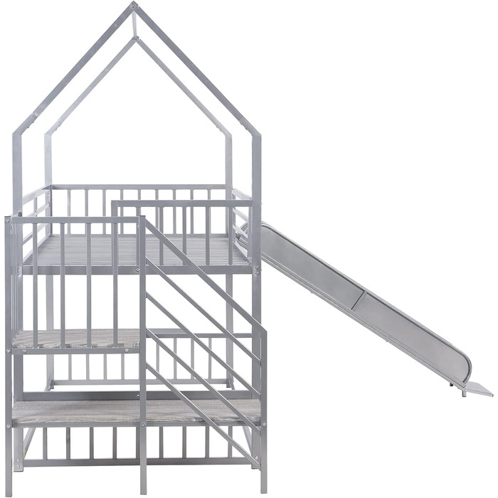 Двоярусне металеве двоярусне ліжко, форма будинку з гіркою та сходами, не потрібна пружина, діти, дівчатка, хлопчики, сріблясте ме